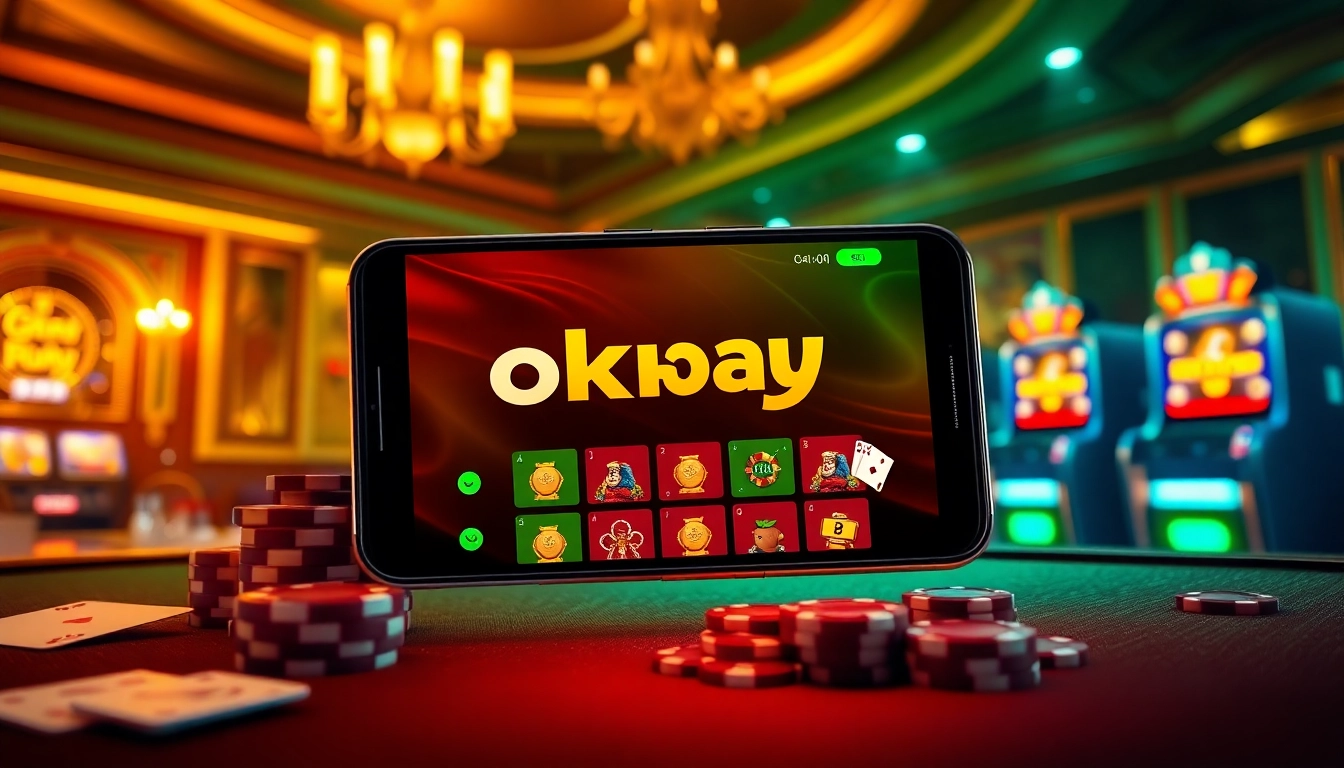 Engaging mobile gambling scene with okbay tải app interface amidst vibrant casino elements.