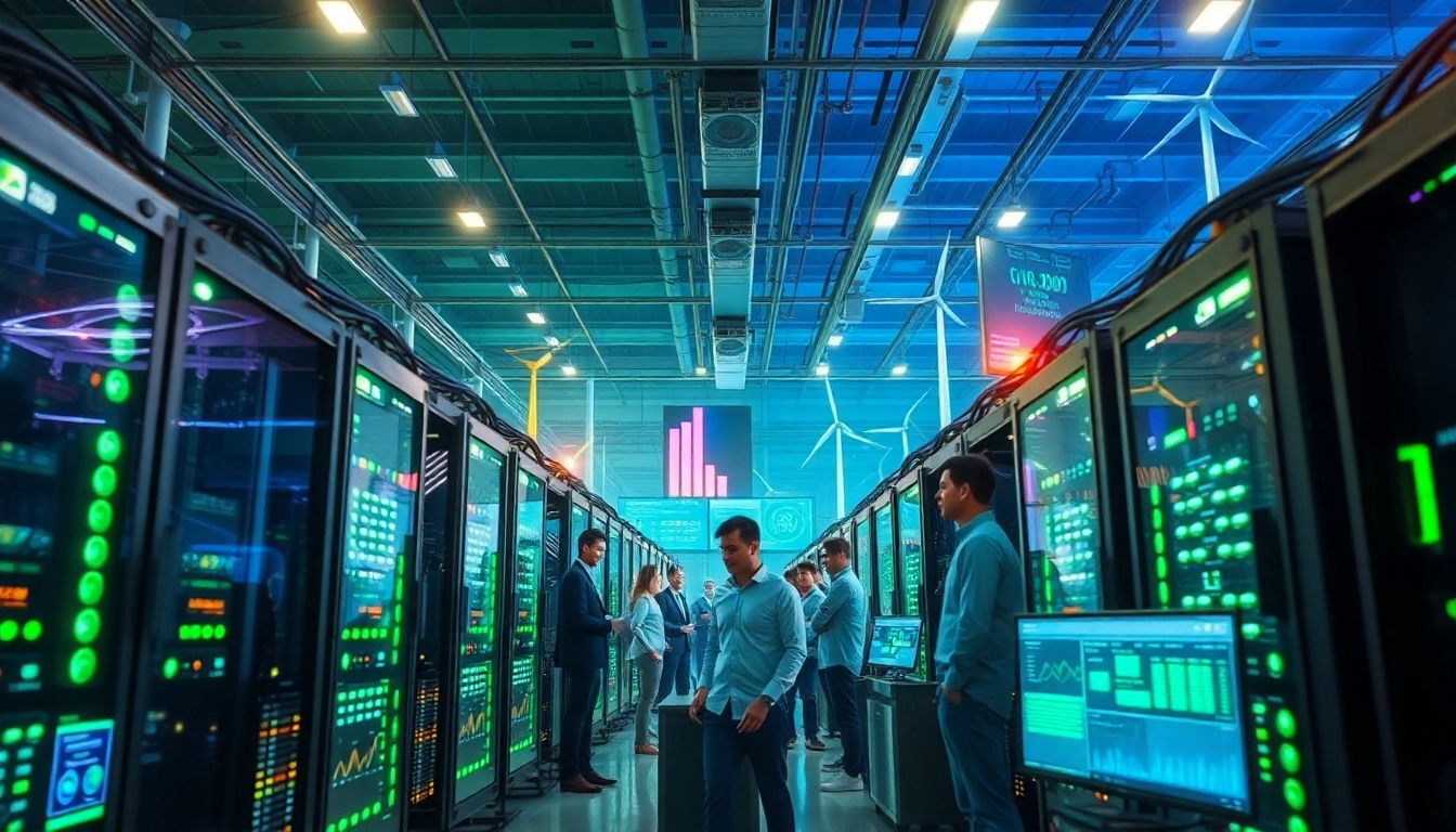 Free cloud mining facility showcasing renewable energy sources and real-time earnings in a professional environment.