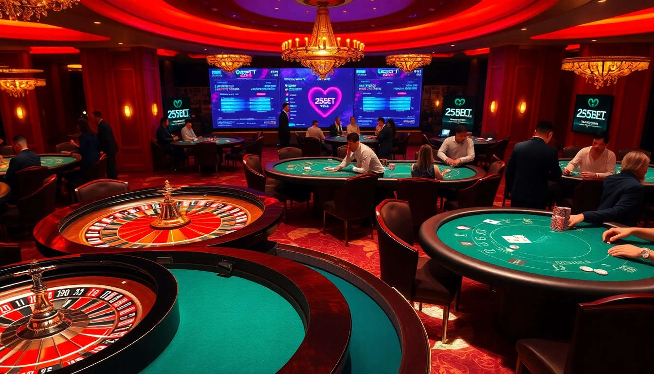 Experience the thrill of gaming with 255BET's luxurious casino atmosphere filled with roulette and poker.