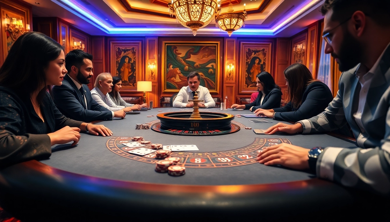 Players at a luxurious casino table strategizing their moves, inspired by https://f8bet11.net/.