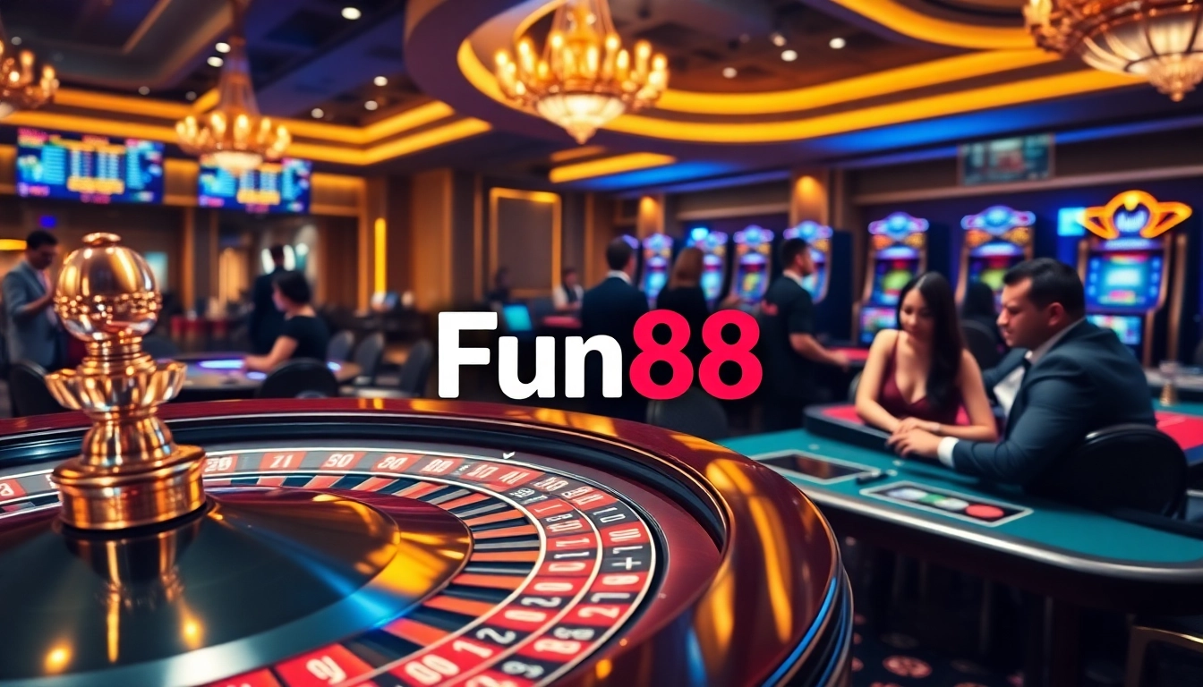 Experience thrilling gaming with the Fun88 link and dynamic casino action, highlighting poker chips and roulette wheel.