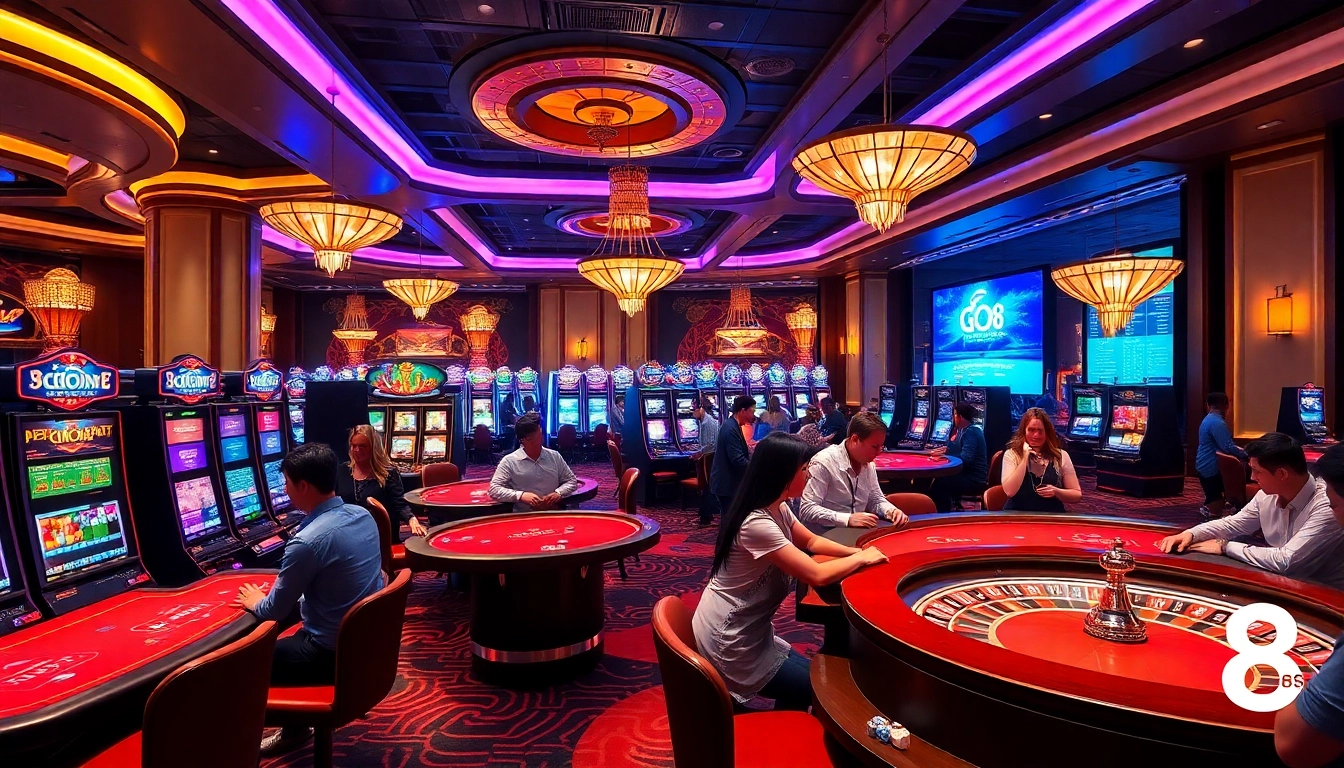 Engaging Go8 casino scene with players at poker and slot machines, highlighting excitement.