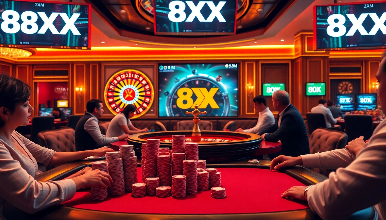 Players enjoying high-stakes poker in a luxury casino featuring 8XX displays.