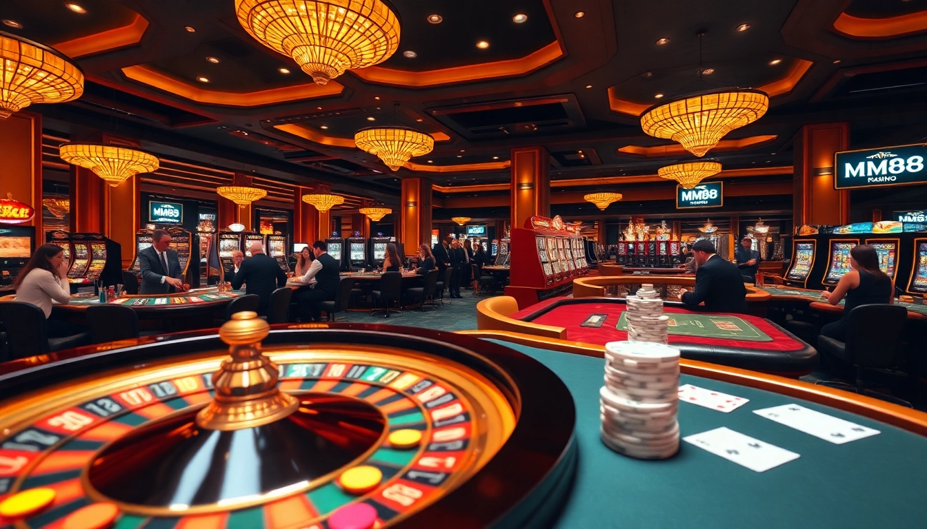 Engaged players enjoying the MM88 casino experience with vibrant roulette wheels and flashing slot machines.