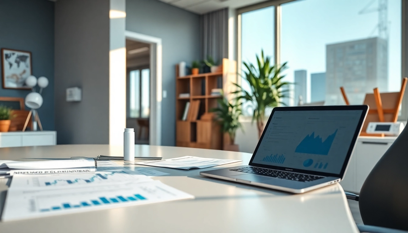 Księgowość dla firmy budowlanej prezentowana w nowoczesnym biurze rachunkowym z dokumentami finansowymi i laptopem.