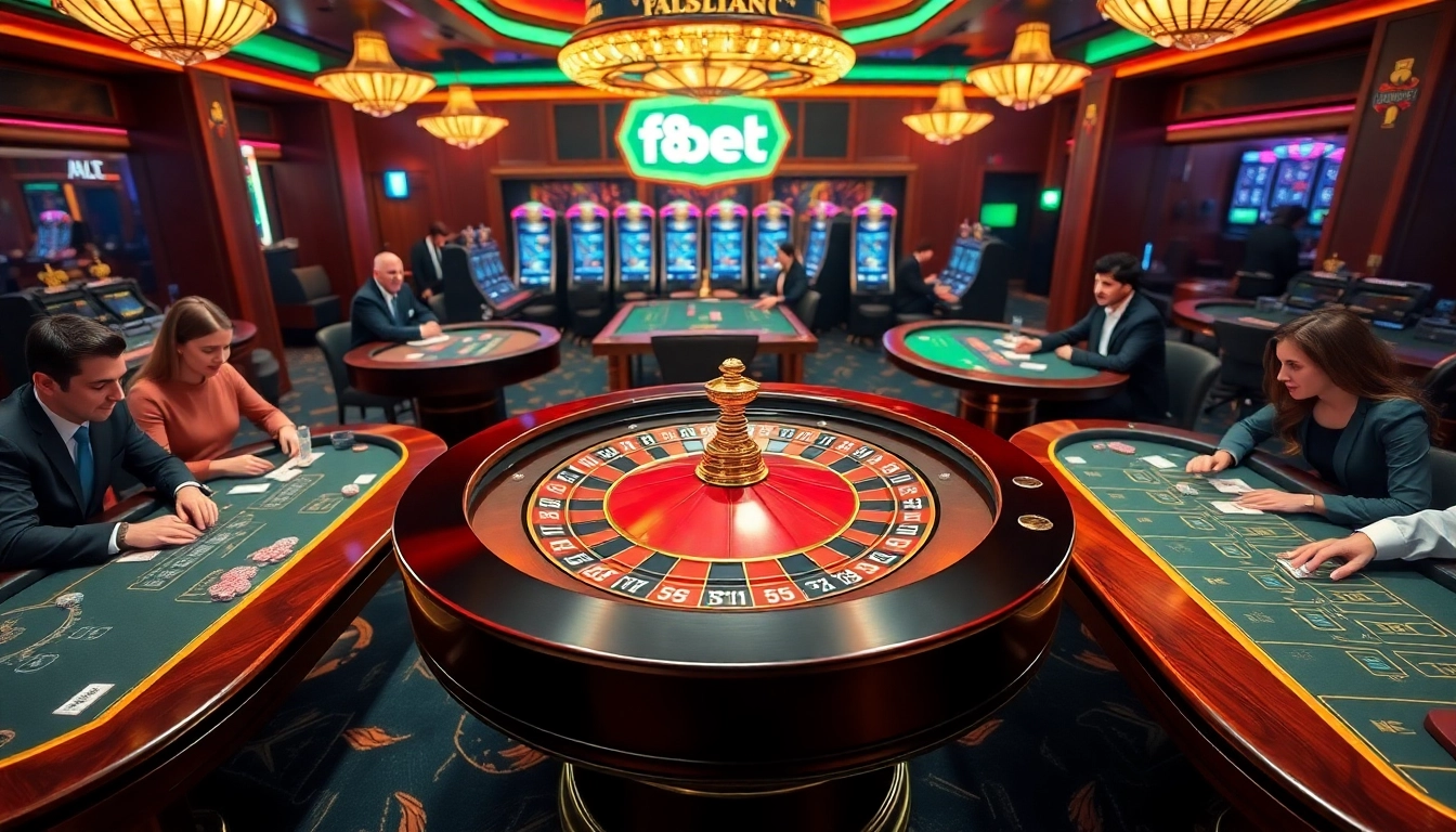 Experience f8bet excitement at a luxury casino with roulette, poker, and slot machines.