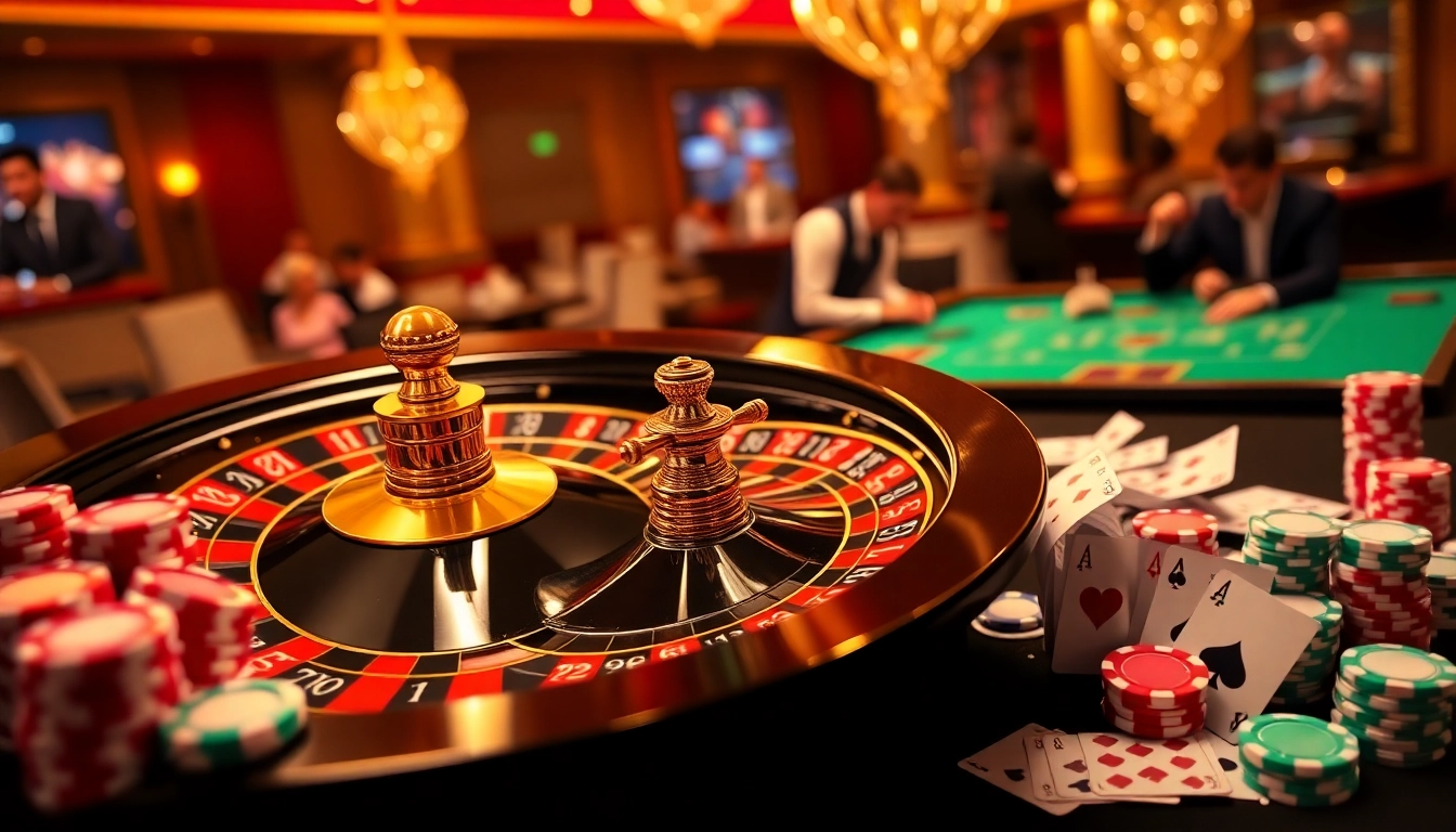 Betting excitement at https://rr88.lat/ with a luxurious casino setting featuring roulette, cards, and chips.