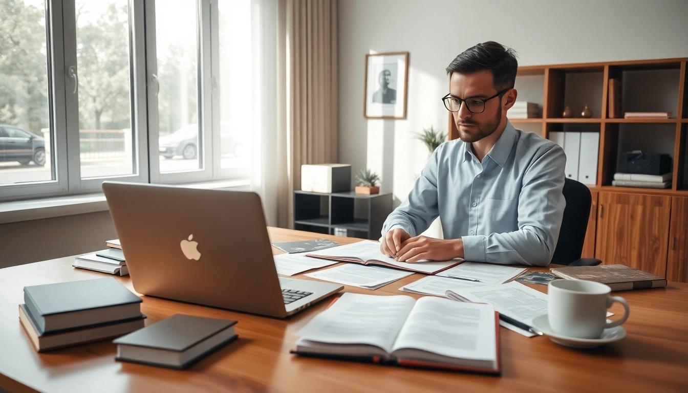 Sworn translator (tłumacz przysięgły) at a modern desk, surrounded by documents and translation tools.