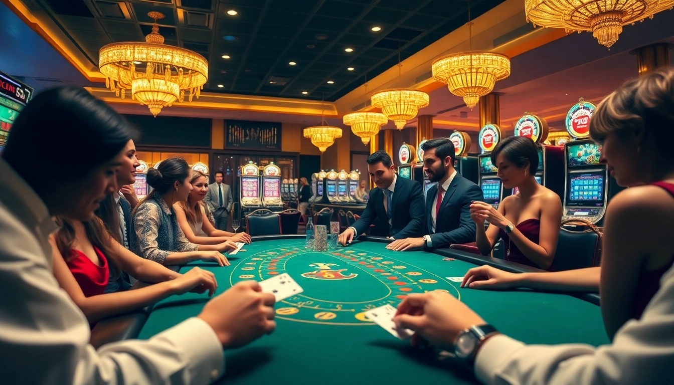 Players enjoying blackjack at an elegant casino scene linked to https://ee8868.shop/ with vibrant colors and luxury.