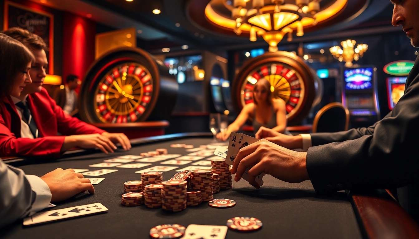 Players celebrating their win55 triumphs around a luxurious poker table in a vibrant casino atmosphere.