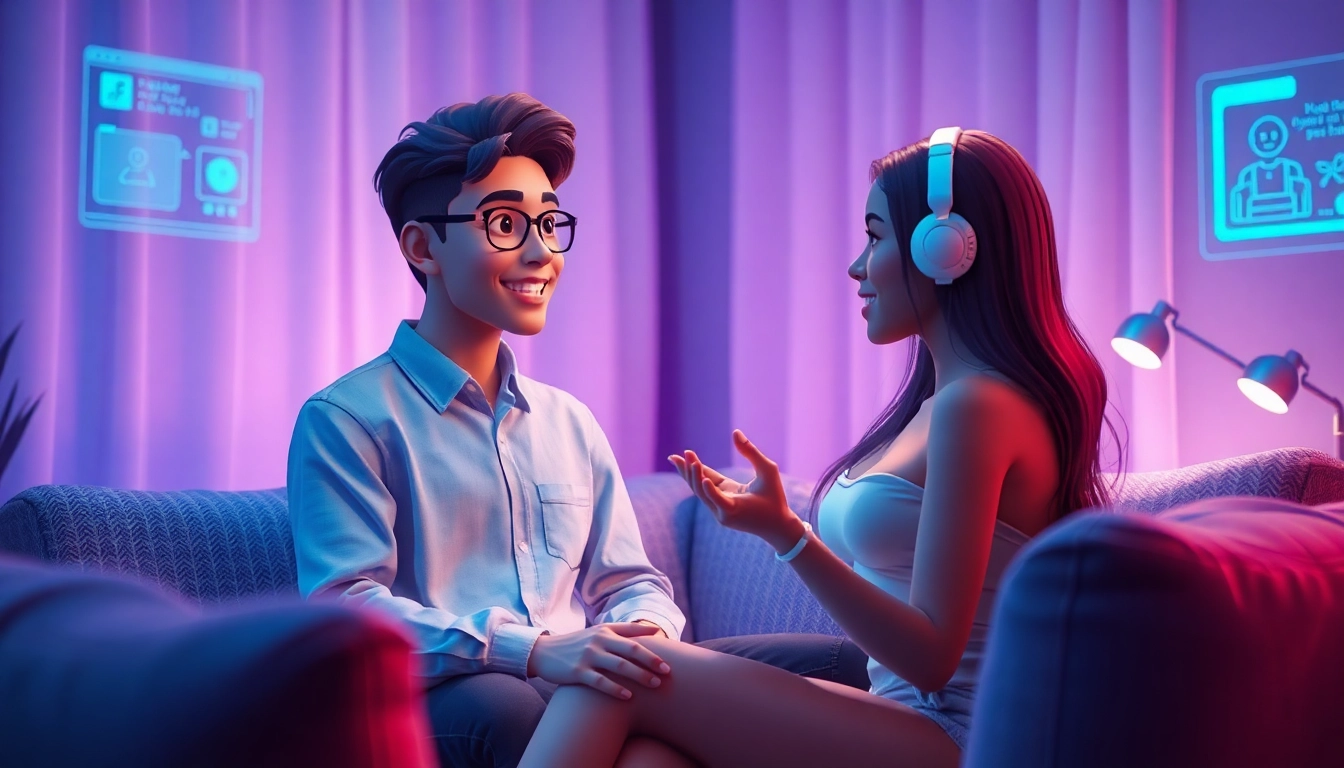 Engaging AI sex chat in a cozy virtual setting with digital character interaction.