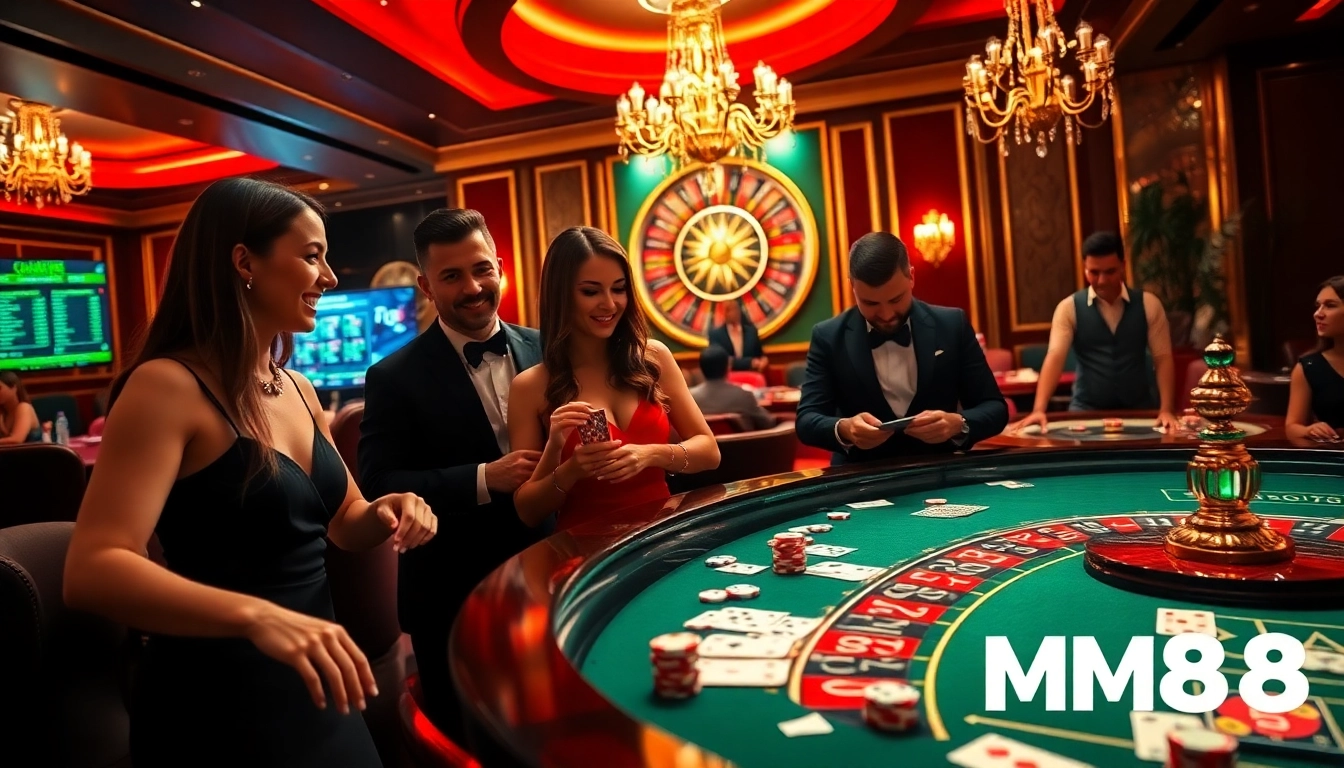 Engage in thrilling gambling experiences at MM88 with vibrant casino tables, poker chips, and roulette.