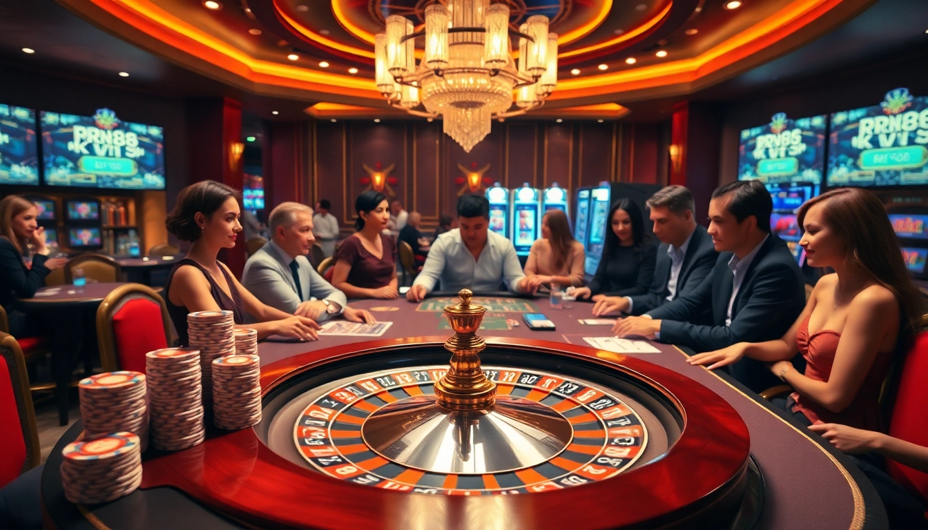 Players engaging with rr88 gratis casino promotions at a luxurious gaming table.