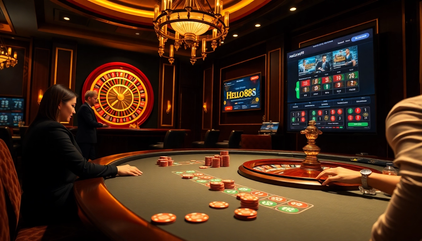 Engaging table games at Hello88 casino, showcasing poker chips and a roulette wheel under warm lights.
