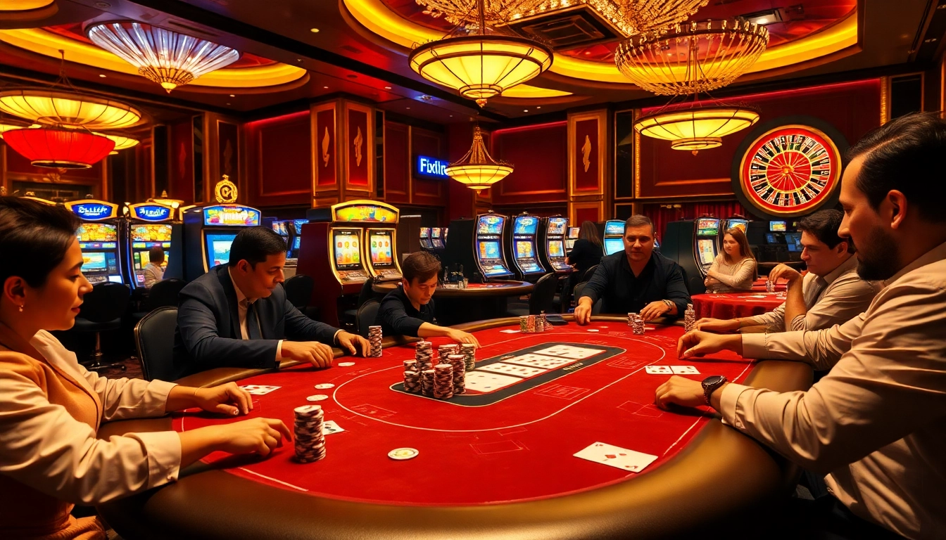 Players enjoying high-stakes poker at https://king88b.us.com/ casino, with vibrant chips and cards.