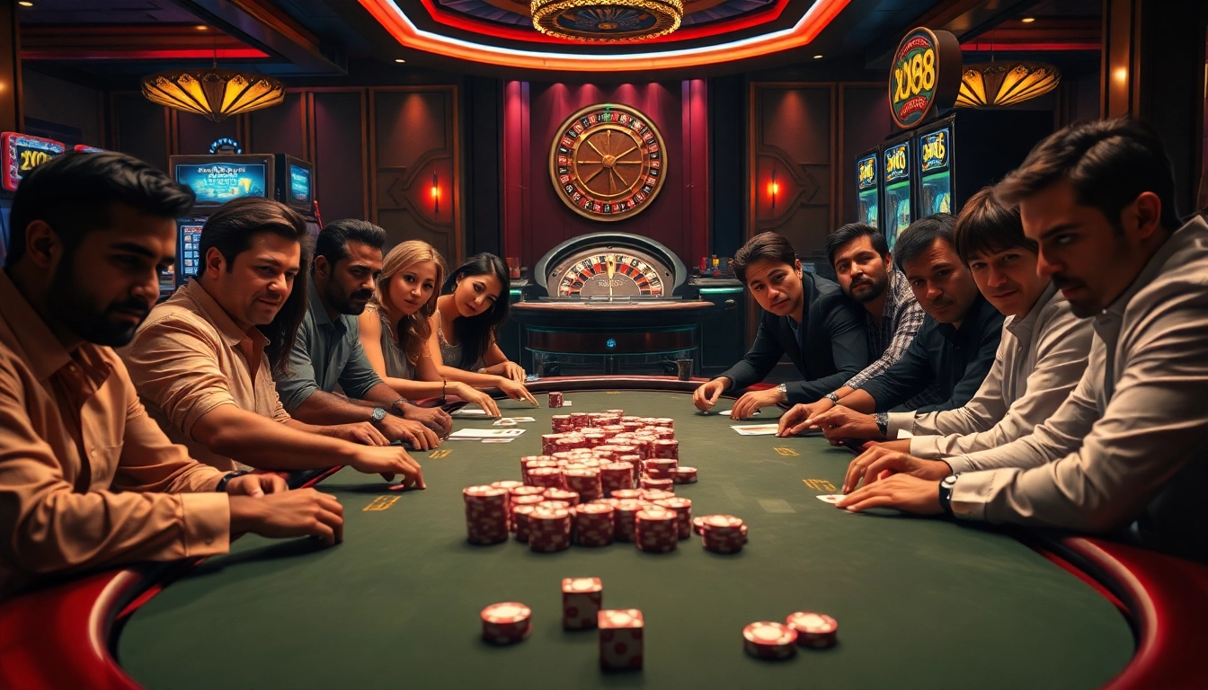 Players engaging in a thrilling poker game at XX88 casino, showcasing excitement and strategy.