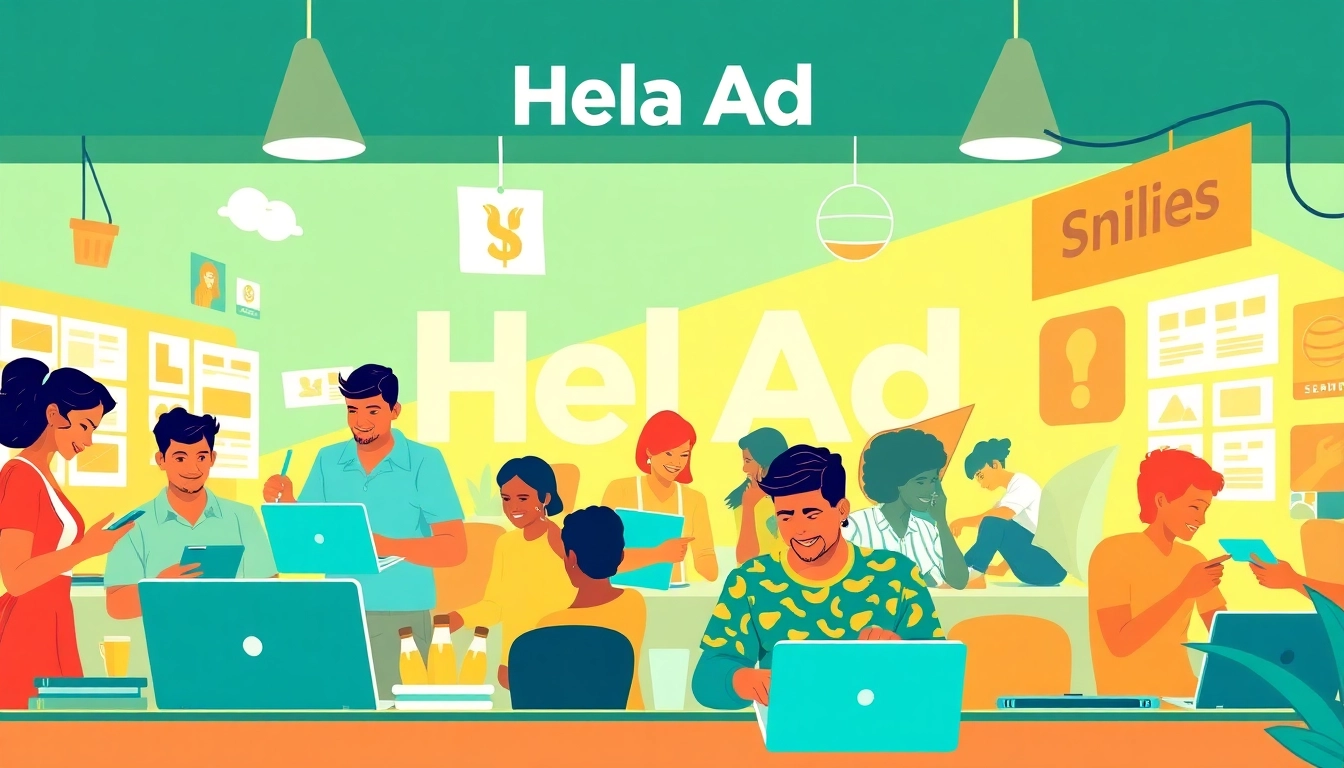 Hela Ad platform showcasing diverse users engaged in online classifieds activities, representing community and connection.