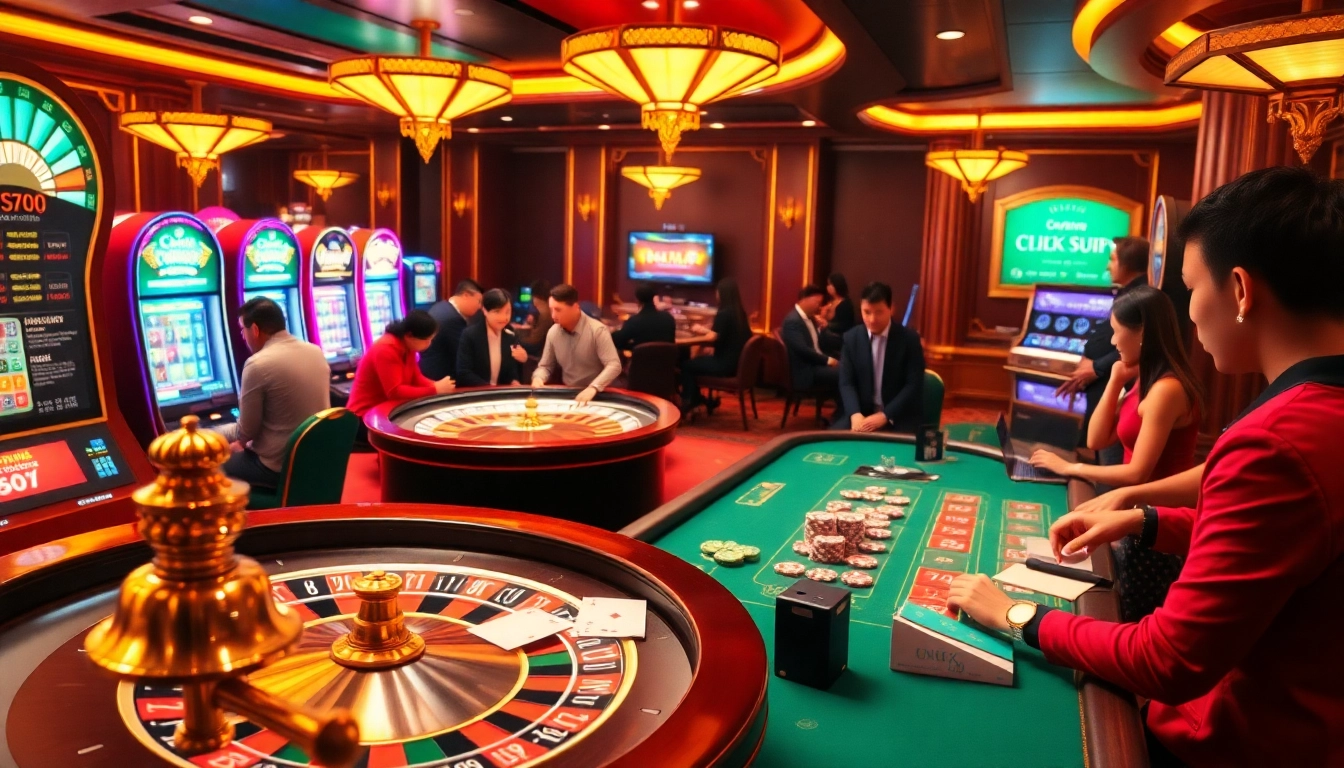 Exciting scene of players engaged in casino games, highlighting link NK88 and thrilling gambling action.