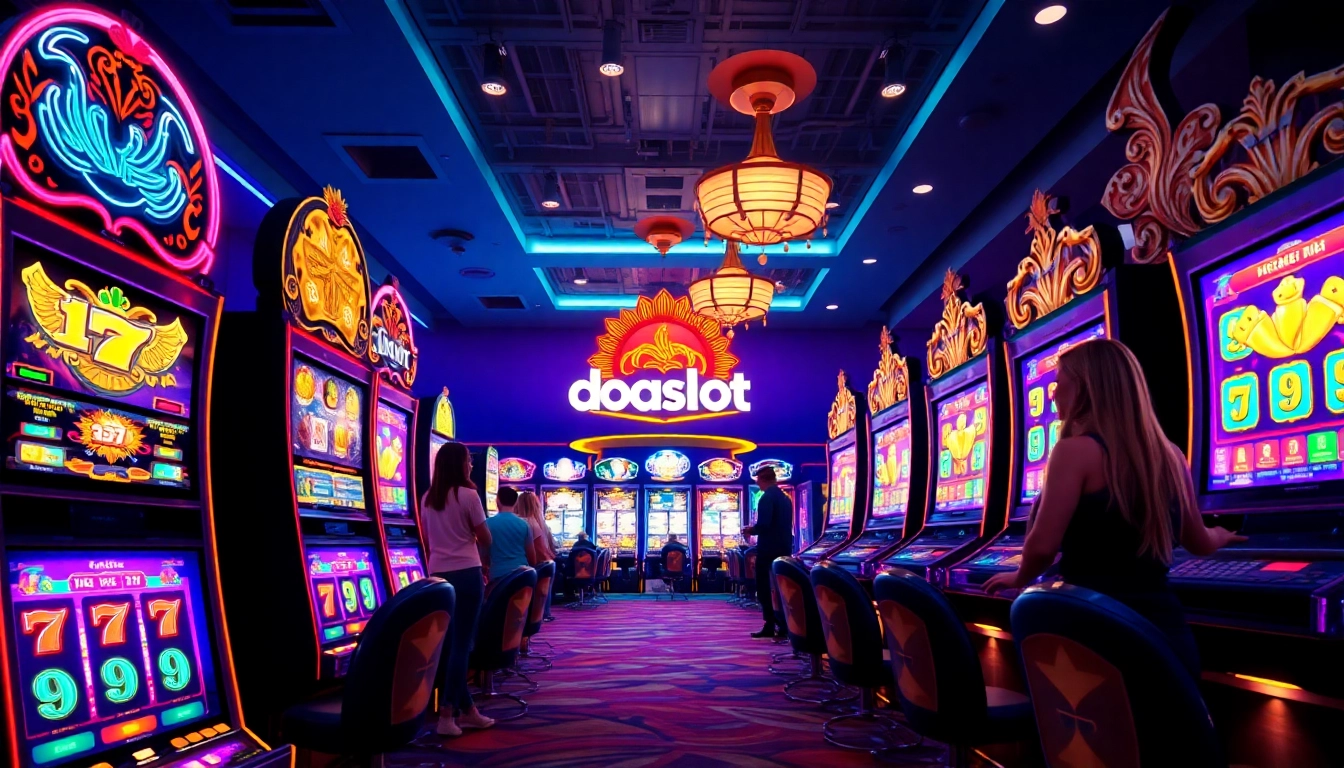 Experience the thrill of doaslot with vibrant slot machines and joyous players in a lively casino setting.