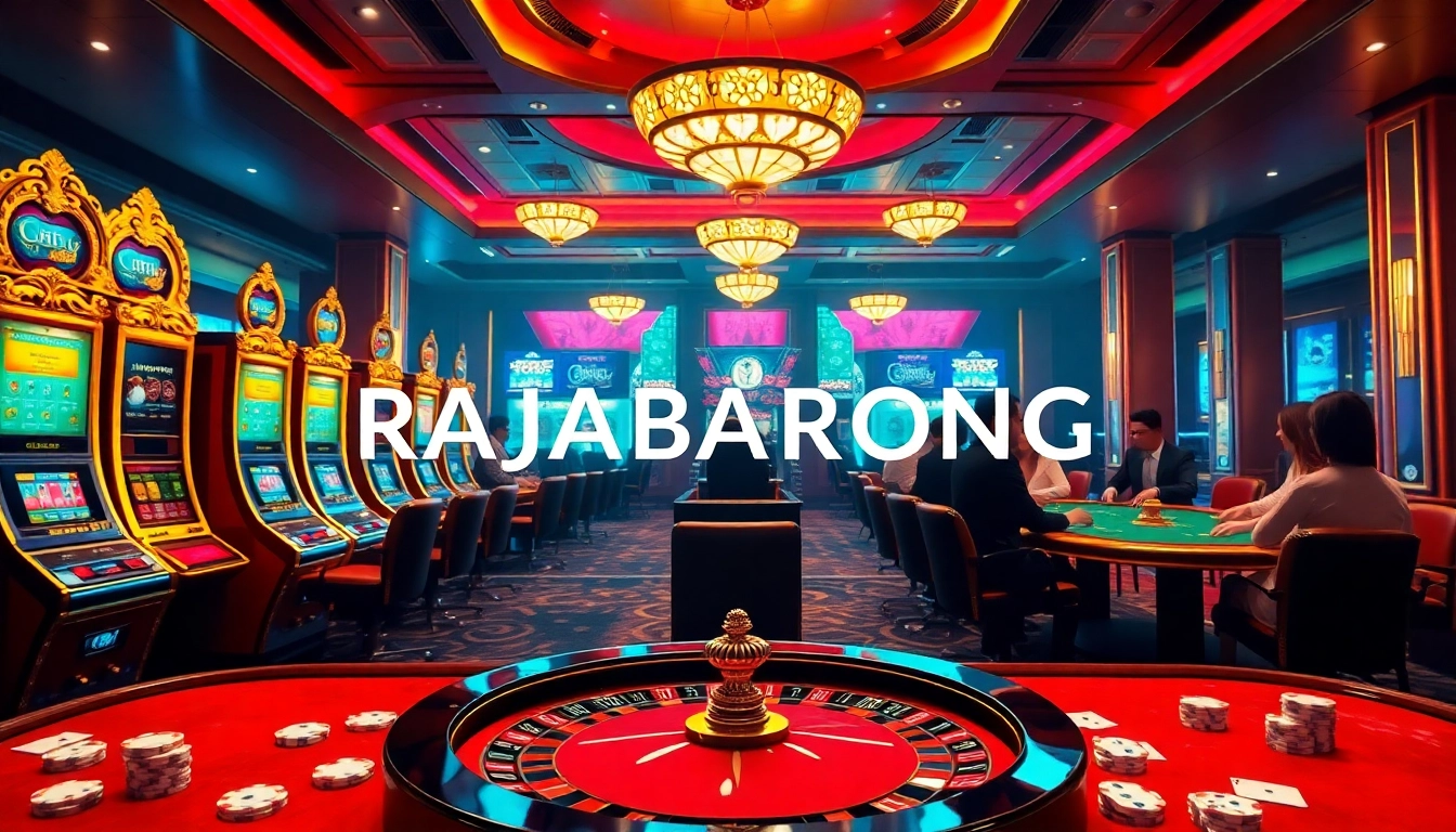 Experience the excitement of RAJABARONG with luxury slot machines and engaged players in a vibrant casino scene.