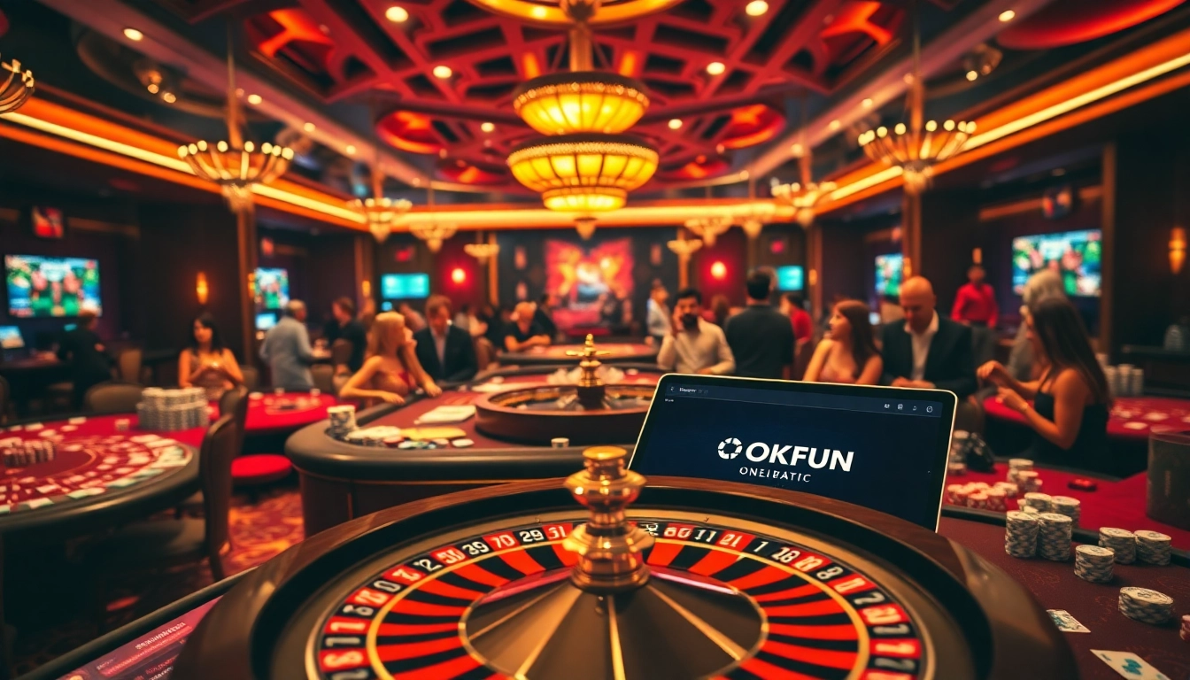 Experience thrilling gameplay at OKFUN's vibrant casino tables, featuring cards, chips, and roulette.