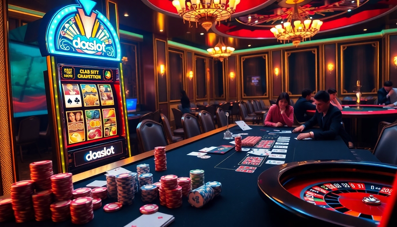 Gambling enthusiasts enjoy slot machines and poker at a vibrant doaslot casino, emphasizing excitement.