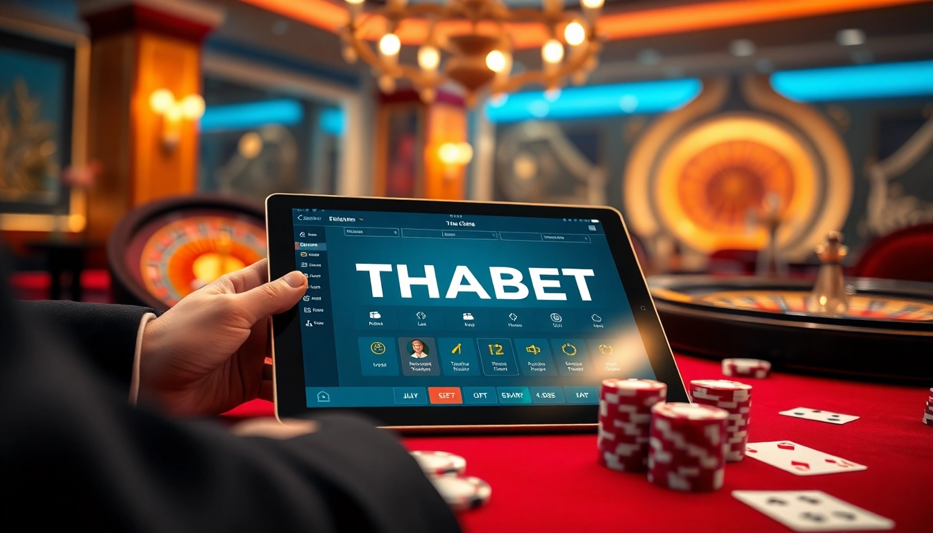 Engaging with THABET's online gambling interface at a luxurious casino table.