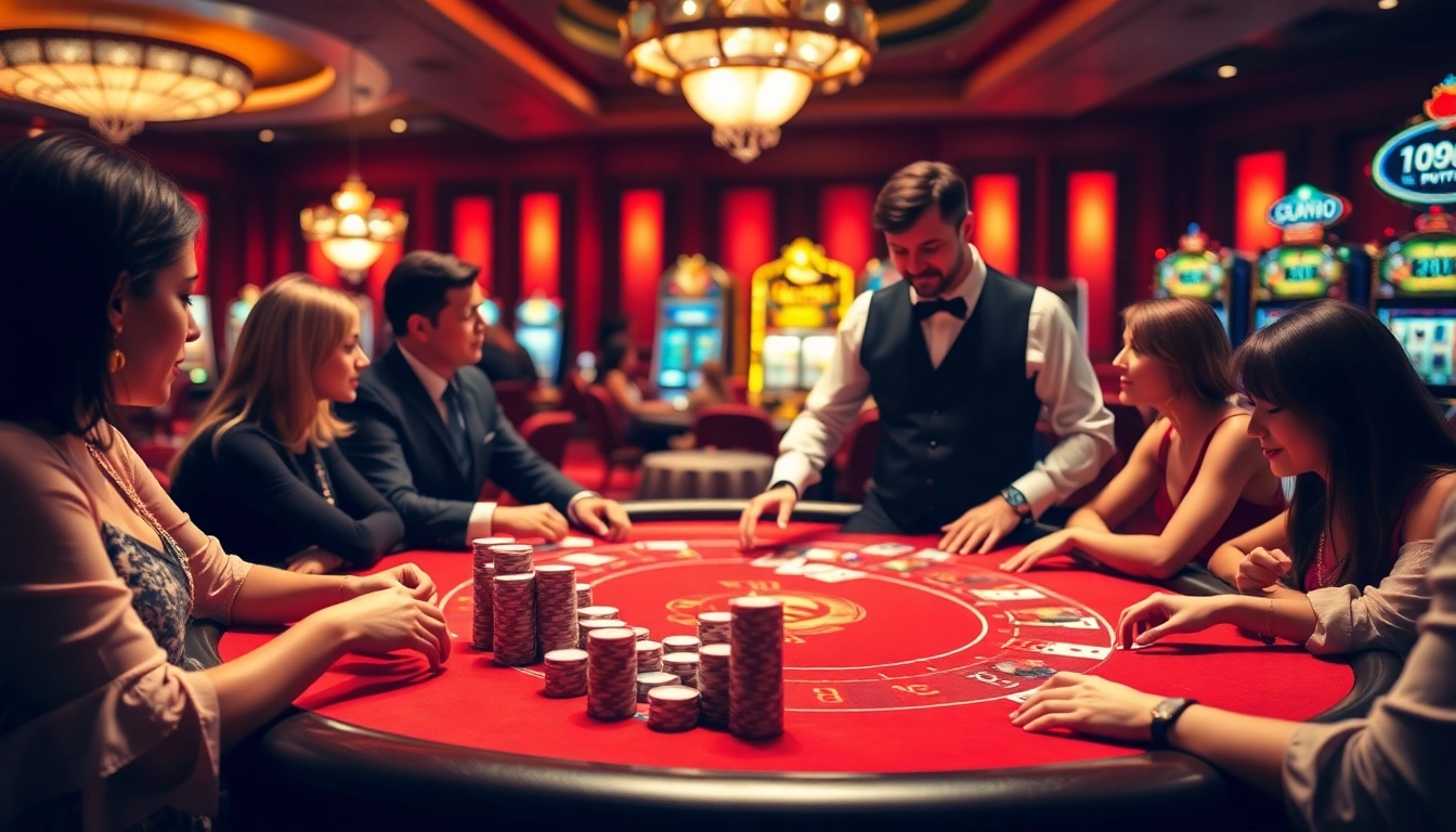 Intense poker action at a vibrant casino table representing https://lu88.us.org/ with players and chips engaged in the game.
