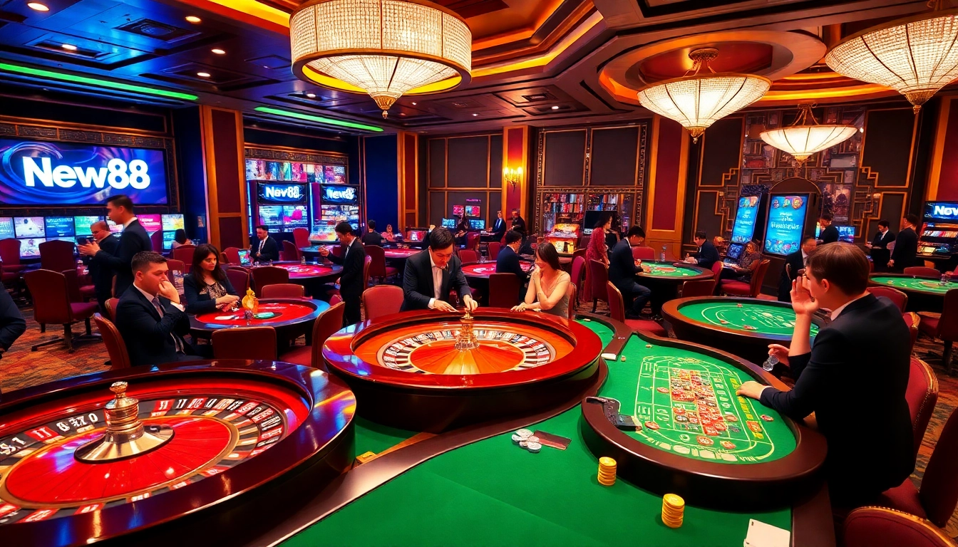 Players enjoying a vibrant casino scene at new88 with thrilling games, colorful chips, and winning moments.