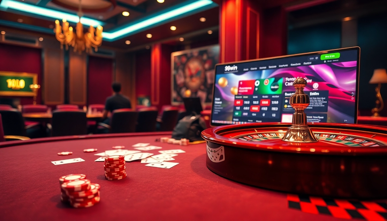 A thrilling scene showcasing 98win trang chu with vibrant casino elements, including cards and roulette.