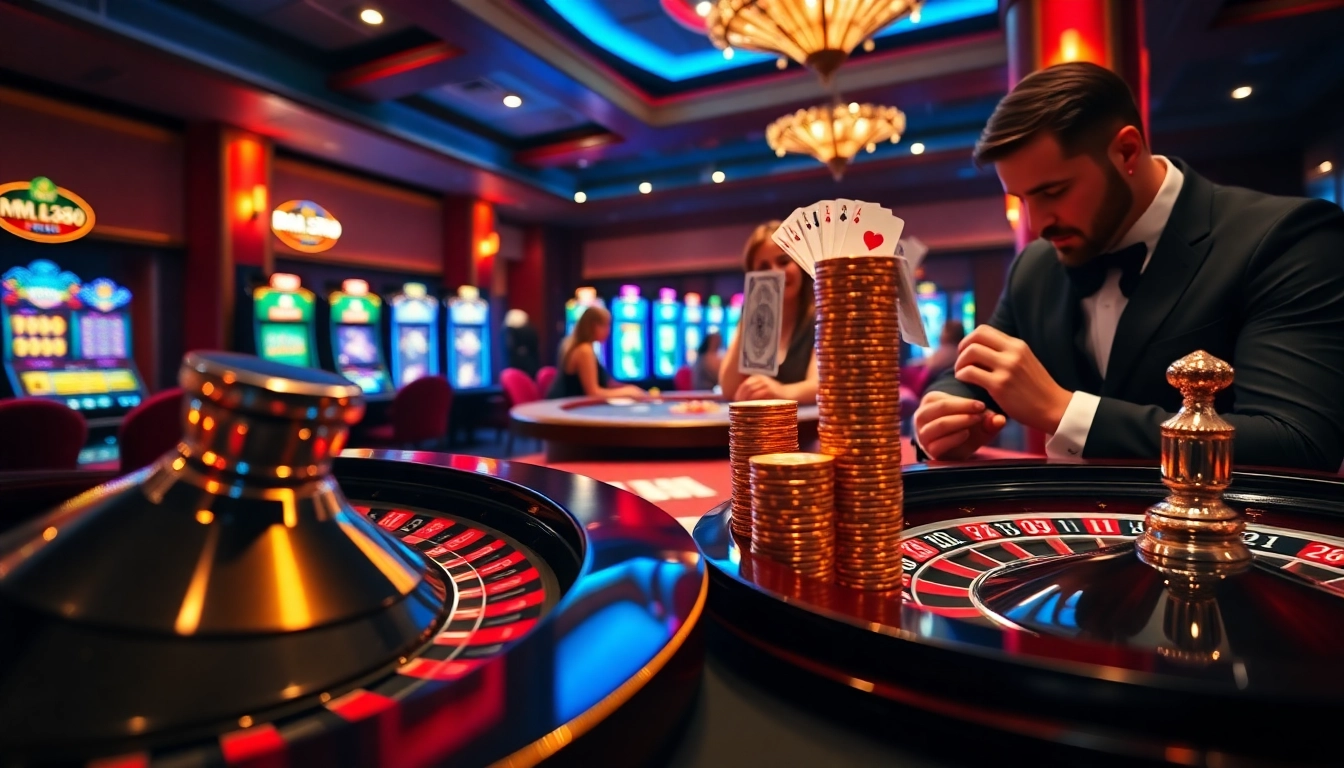 Exciting gameplay at https://mm88.in.net/ with a sleek roulette wheel, vibrant poker chips, and elegant casino atmosphere.