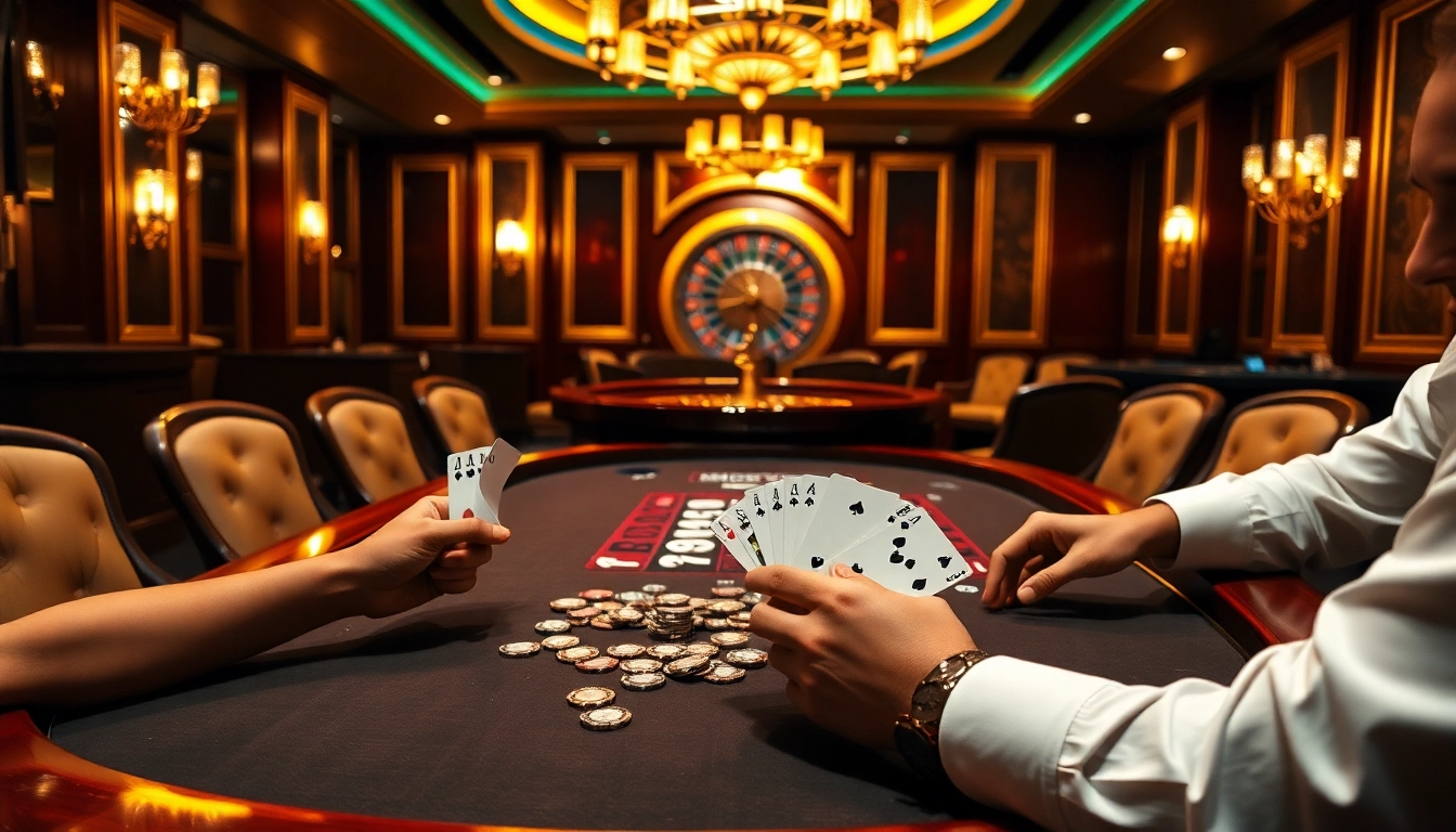 Experience high-stakes poker with F8Bet as players engage at a luxurious table with vibrant casino details.
