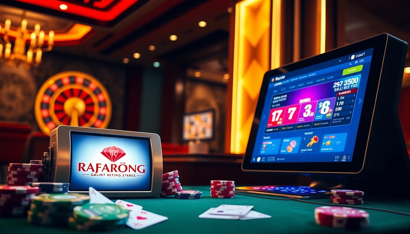 RAJABARONG offers an exciting gambling scene with a vibrant slot machine and professional casino elements.