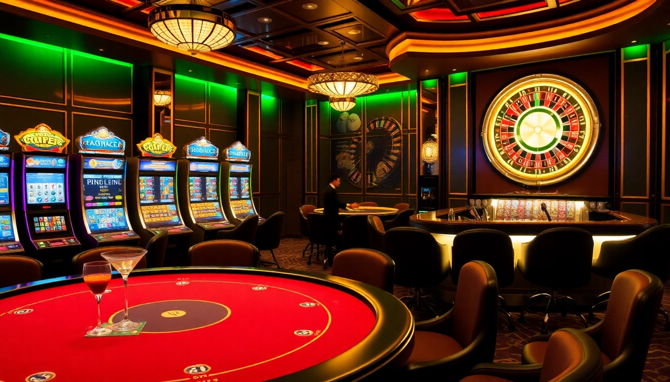 Exciting gaming atmosphere at 13Win casino featuring poker table and bright slot machines.