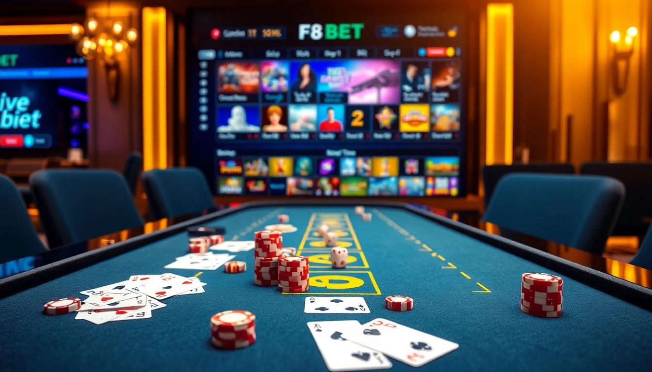 Experience F8 BET excitement with vibrant casino tables, cards, and gaming interfaces in a luxurious setting.