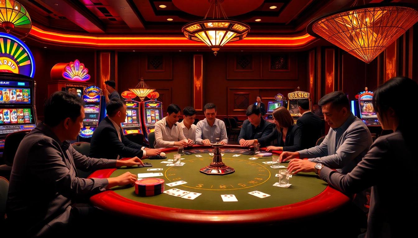 Players winning at a high-stakes poker table at https://fabet.free/ with vibrant slot machines in the background.