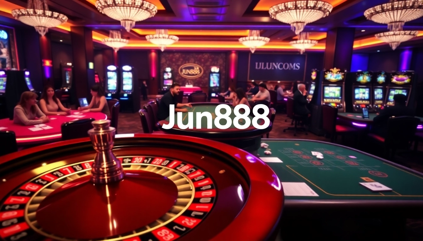 Experience the thrilling action at Jun888's vibrant casino tables with roulette and poker games.