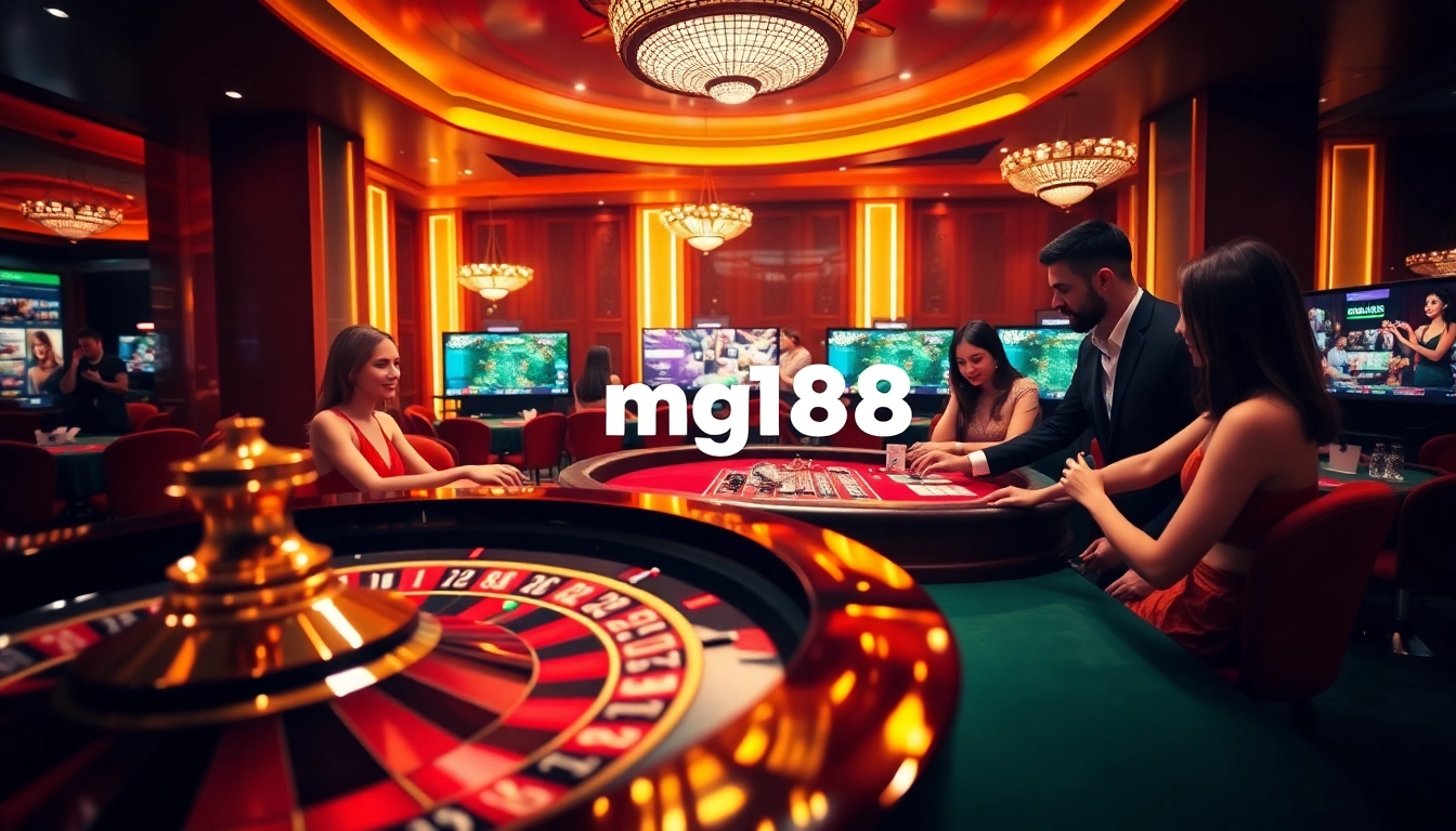 Experience exquisite gaming at mg188 with vibrant scenes of casino tables and engaged players.