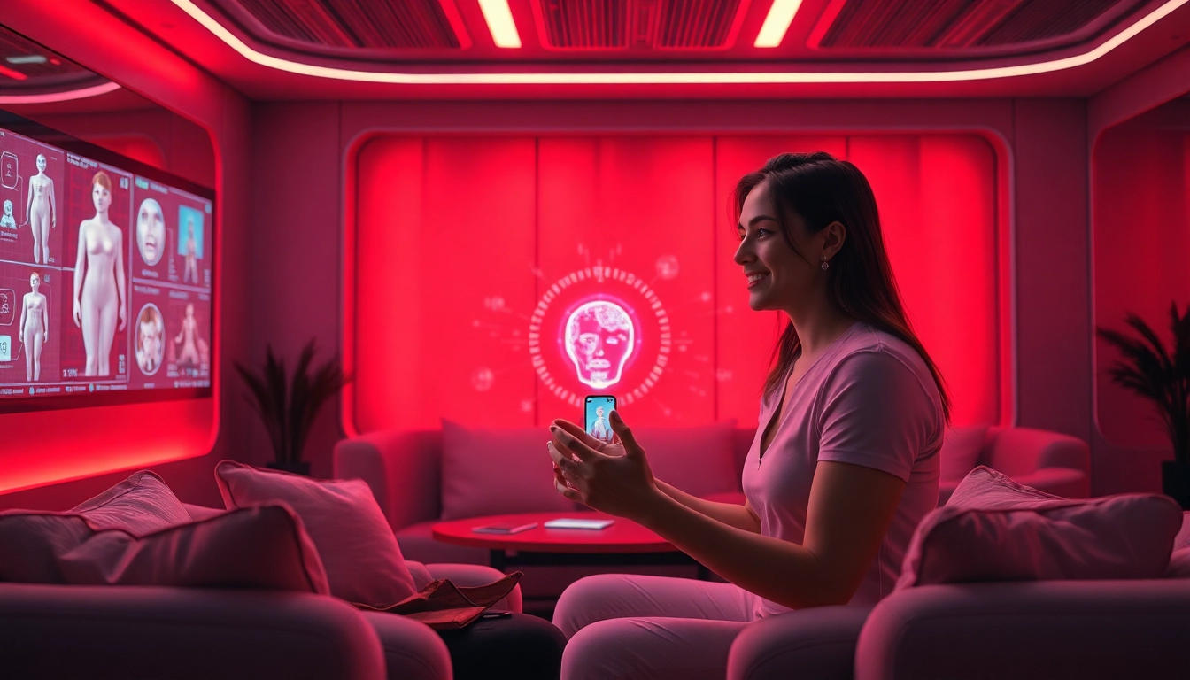 Intimate digital lounge with advanced sex AI technology and couple interacting