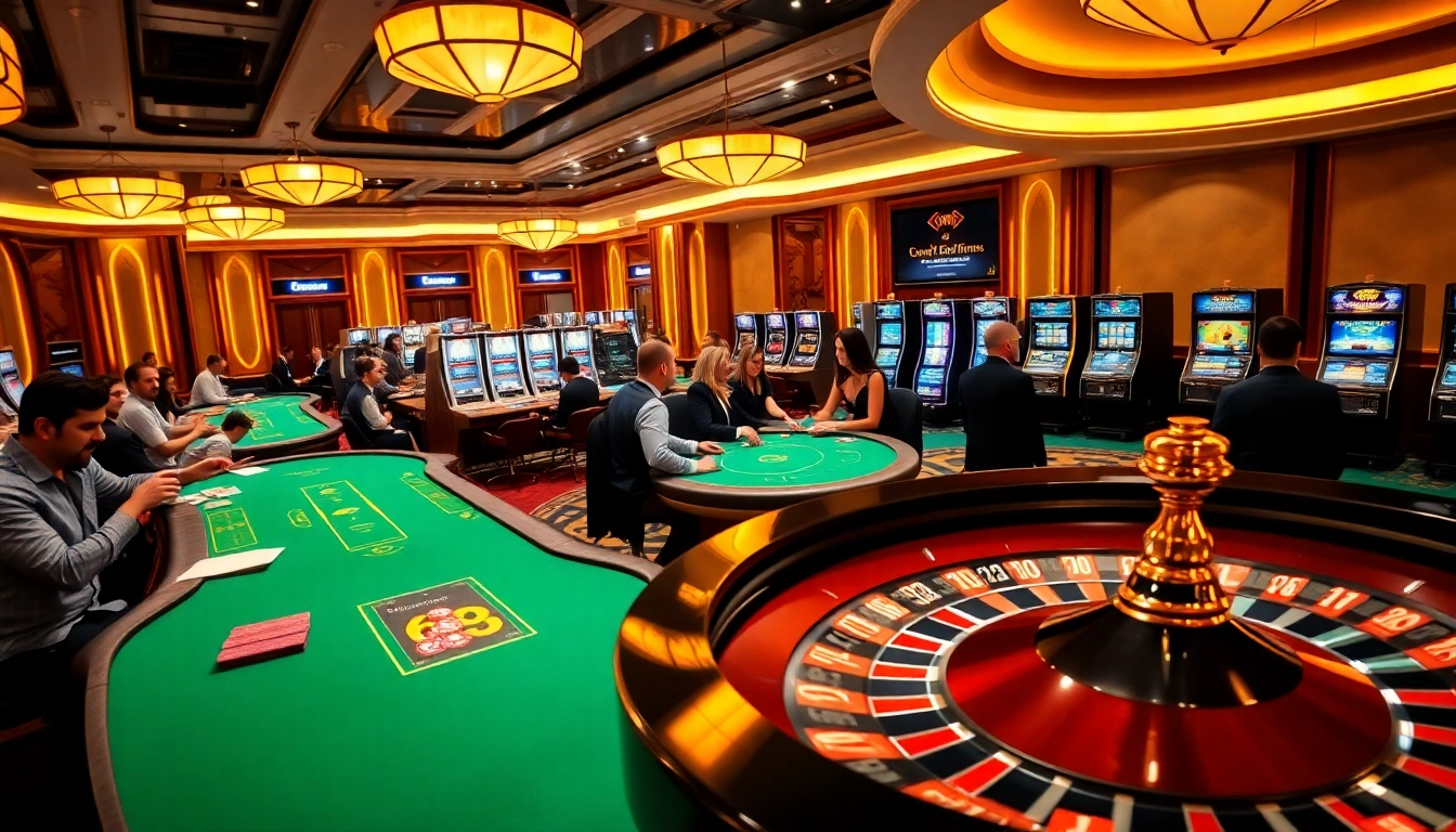 Experience excitement at 6RWIN55 COM with vibrant casino tables and spinning roulette wheels.