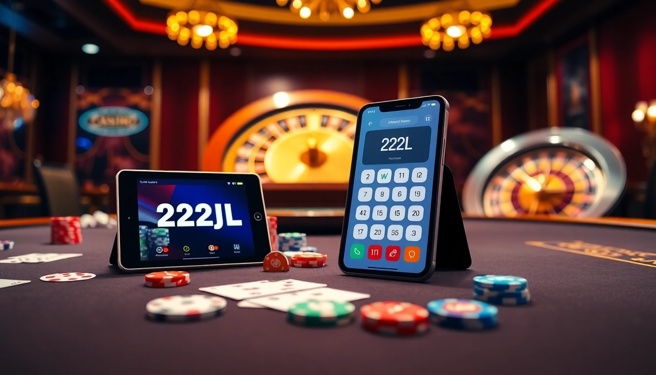 The 22JL app showcased on a tablet amidst a vibrant casino scene with poker chips and cards.