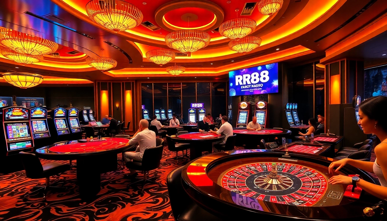 Experience the excitement of RR88 inside a luxurious casino filled with vibrant tables and slot machines.