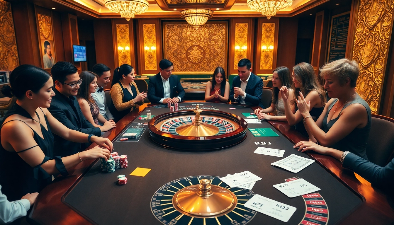 KJC branded poker table in a luxurious casino setting, featuring vibrant chips and enthusiastic players.