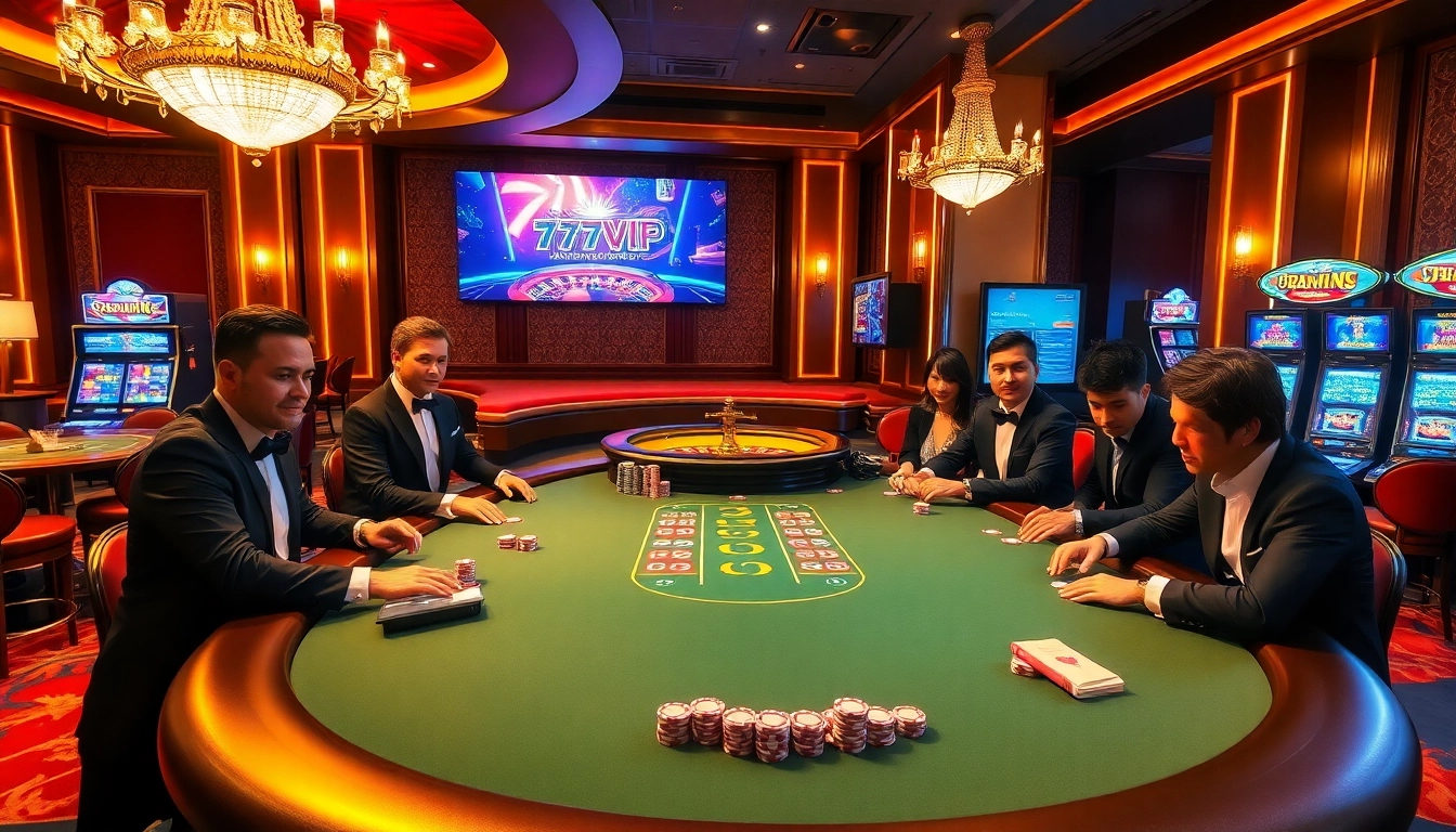 Experience the thrill of gambling at 777VIP with a luxurious casino setting featuring a live poker table and roulette wheel.