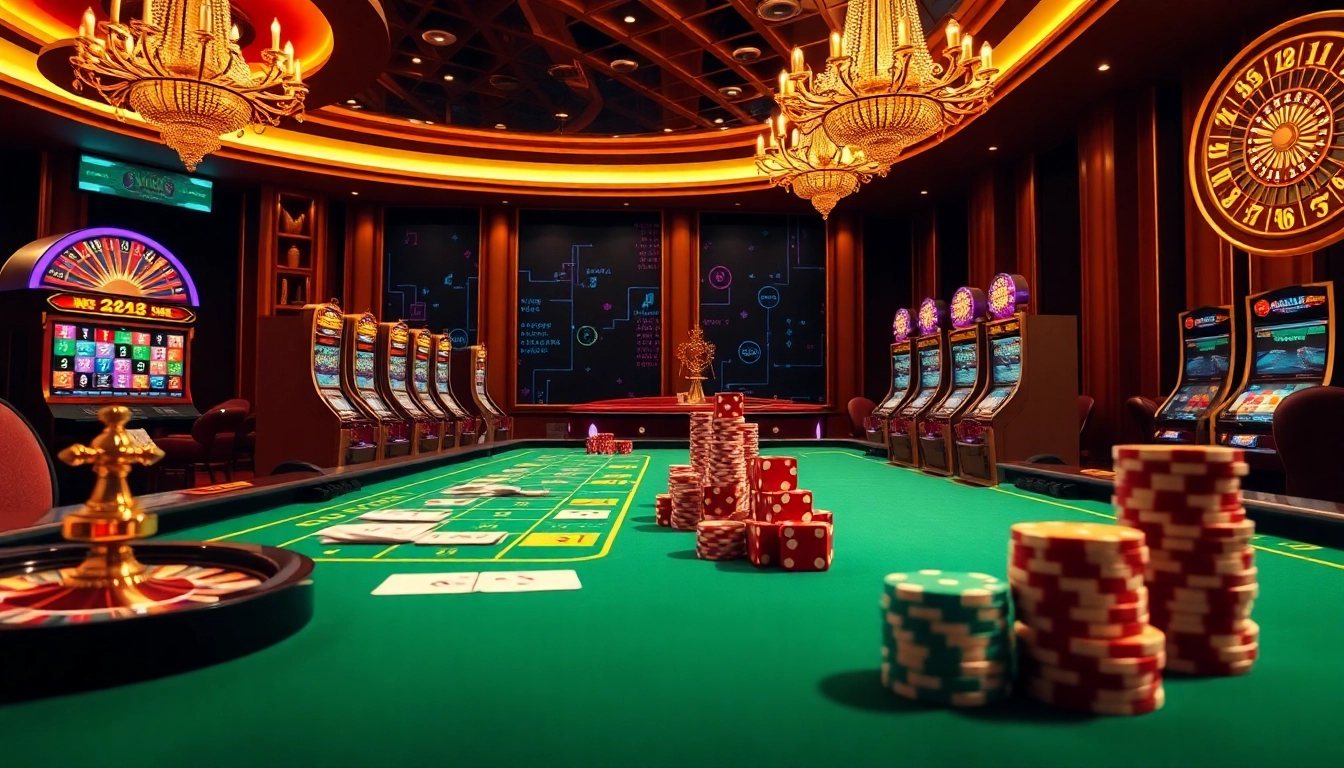 A dynamic gambling scene featuring Nhà Cái mm88 with poker chips, roulette wheel, and modern game interfaces.