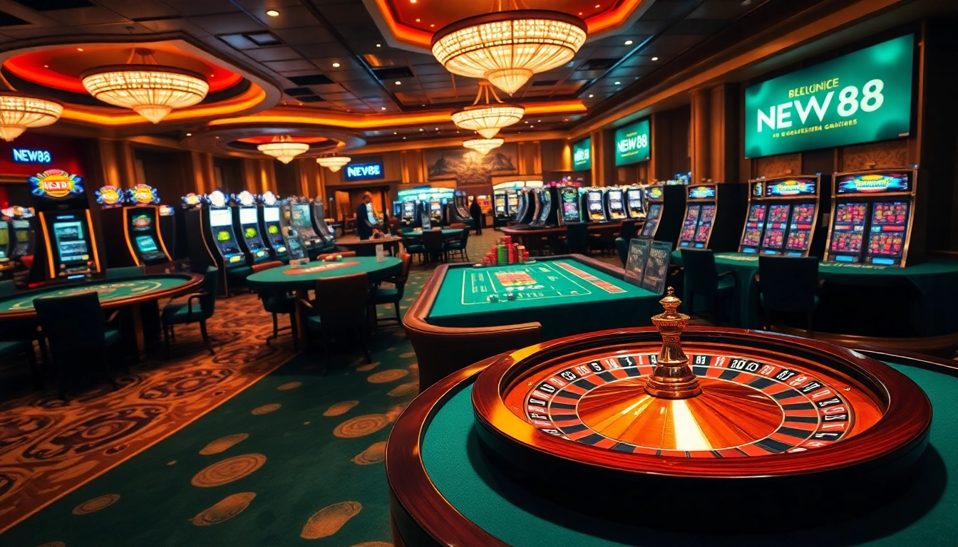 Engaging players on a vibrant casino floor with a focus on the NEW88 link amidst roulette and poker games.