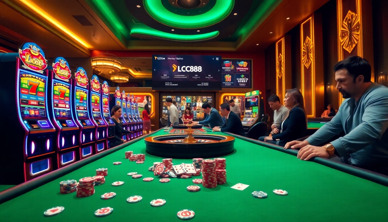 Experience the thrill of Lc88 with vibrant casino action showcasing roulette and slot machines.