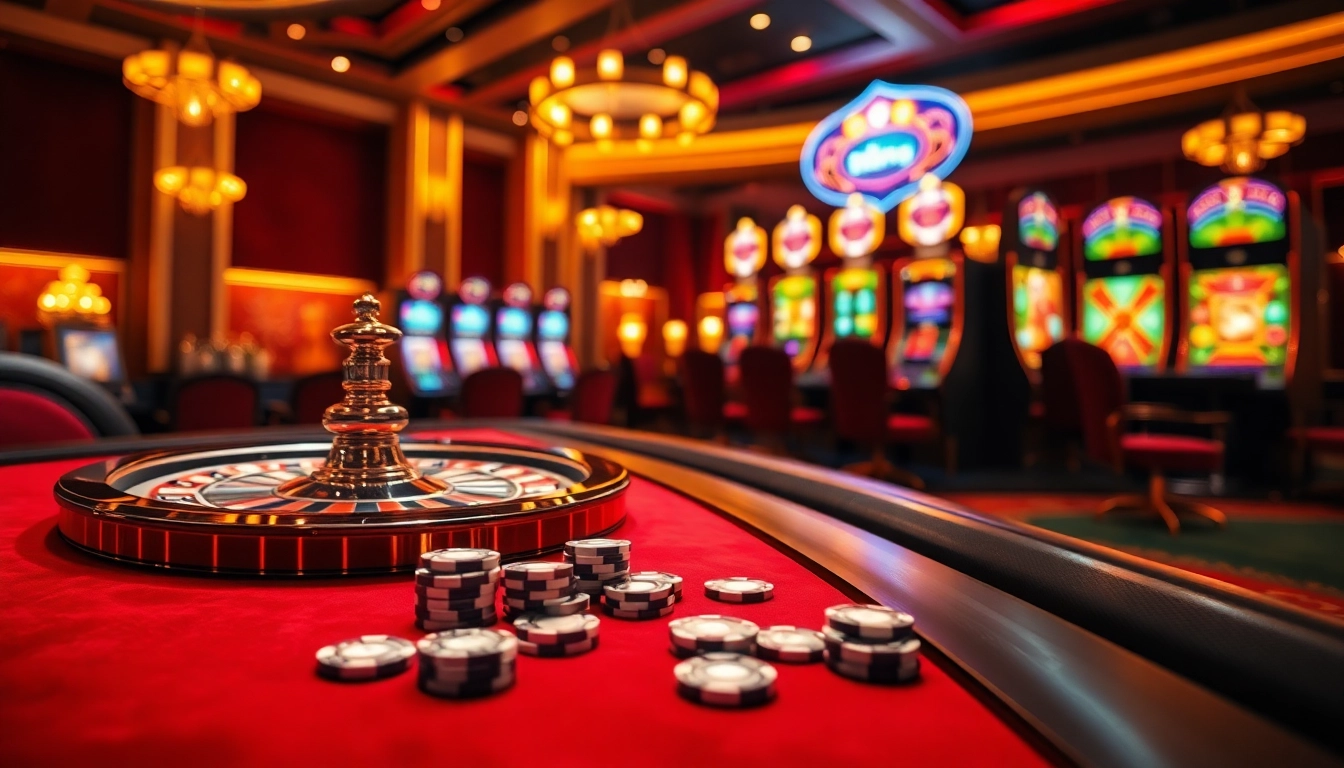 Experience the thrill of Nhà cái Fly88 with luxurious gaming tables, exciting slot machines, and vibrant poker chips.