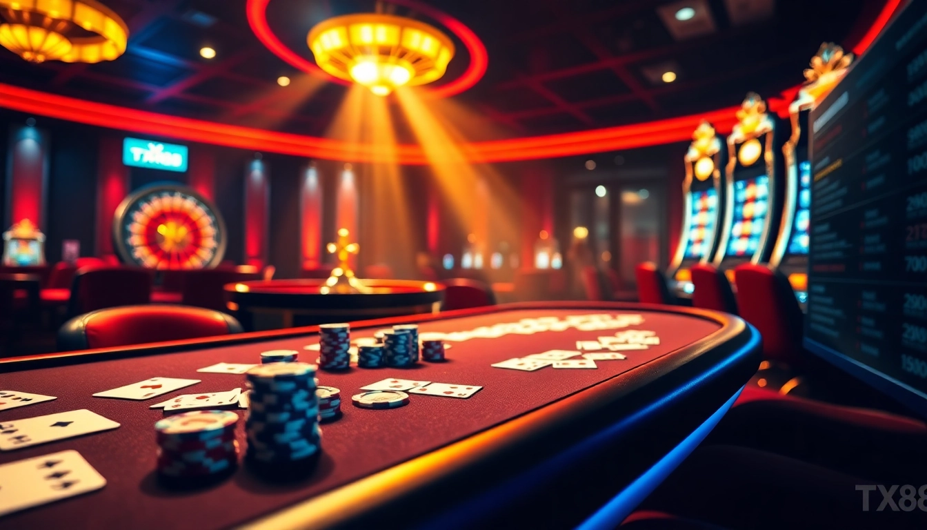 Play exciting games at TX88 with vibrant casino tables, roulette wheels, and poker chips.