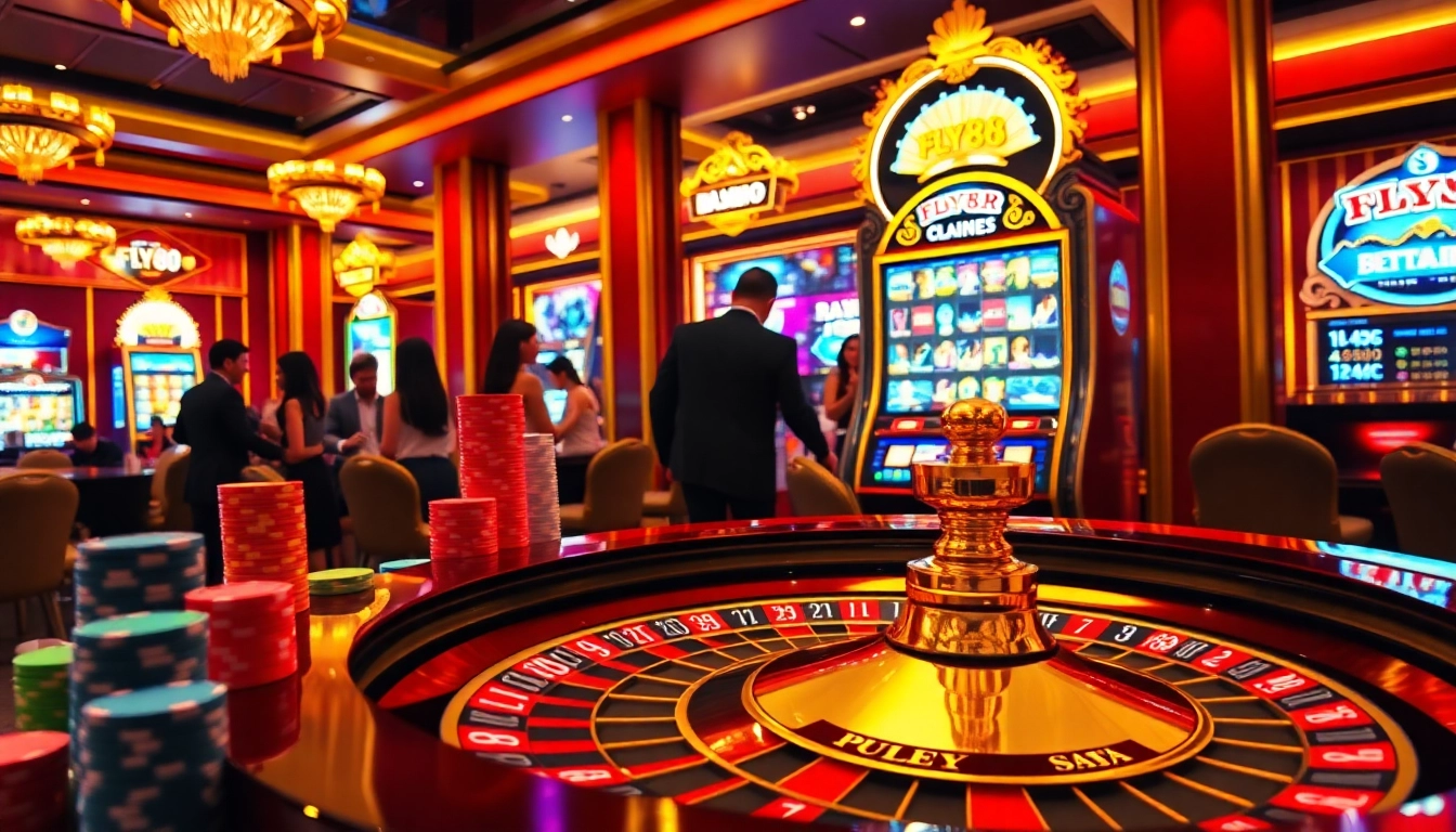 Fly88 players enjoying a thrilling game at a luxurious casino table filled with chips.